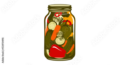 Jar of Pickled Vegetables: An eye-level shot showcases a full, clear glass jar, packed with an assortment of vibrant, pickled vegetables submerged in brine, a vivid culinary illustration.