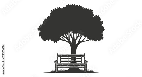 The Bench Beneath the Tree: A serene silhouette portrays a sturdy wooden bench embraced by a stately tree, inviting tranquil contemplation in a timeless moment. 