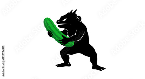 The Unusual Combat: A black silhouette creature confronts with confidence holding a green cucumber, against an illustrative white background, a creative and artistic interpretation of conflict.