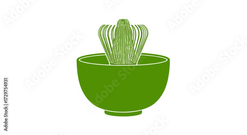 Ceremonial Matcha: Artistic rendering of a traditional matcha whisk resting in a vibrant green bowl, symbolizing the heart of a moment.