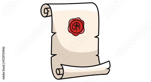 Scroll of Ancient Secrets: A meticulously crafted illustration of a parchment scroll, bearing a vibrant red wax seal, embodies the rich history and intrigue of a bygone era. It's a symbol of secrecy.