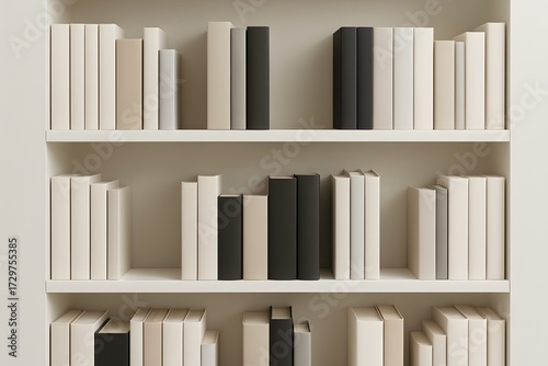 Neutral Colored Books on Shelves – High Resolution Artistic Photography (Horizontal)