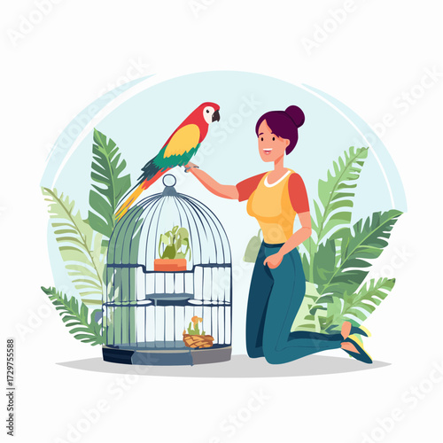 parrot in cage with women