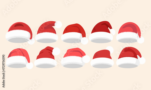 Santa Hat Collection Set Red Christmas Caps Isolated on White Vector Illustration, easily editable and scalable