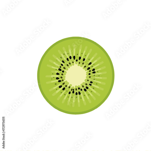 A vibrant cross-section of a kiwi fruit, showcasing its green flesh, black seeds, and light center.
