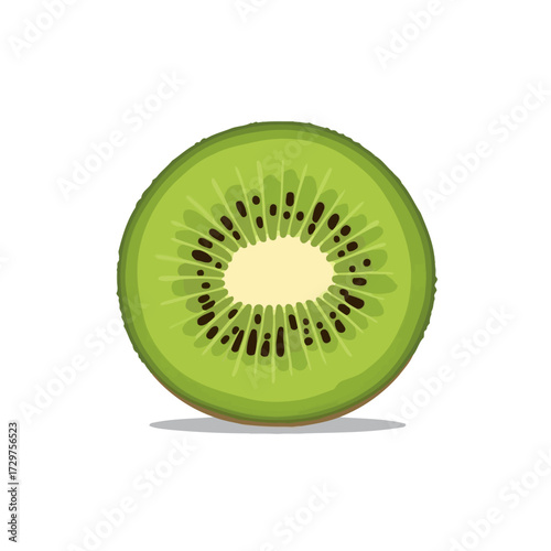 A vibrant cross-section of a kiwi fruit, showcasing its green flesh and black seeds.