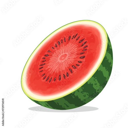 Illustration of a halved watermelon with red flesh and dark seeds.