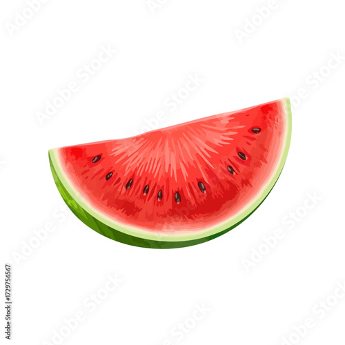 A slice of watermelon with red flesh and black seeds, isolated on white.