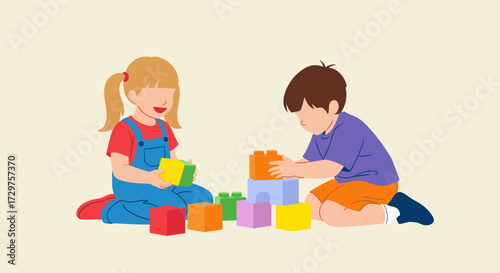 Two young children happily playing with colorful building blocks on a light beige background.