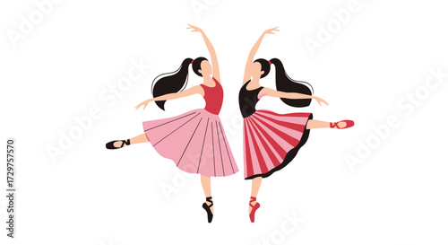 Two young ballet dancers gracefully performing an elegant pose together on a white background.