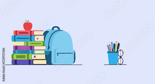 A stack of colorful books with an apple on top sits next to a blue backpack and a pencil holder filled with writing instruments and eyeglasses.