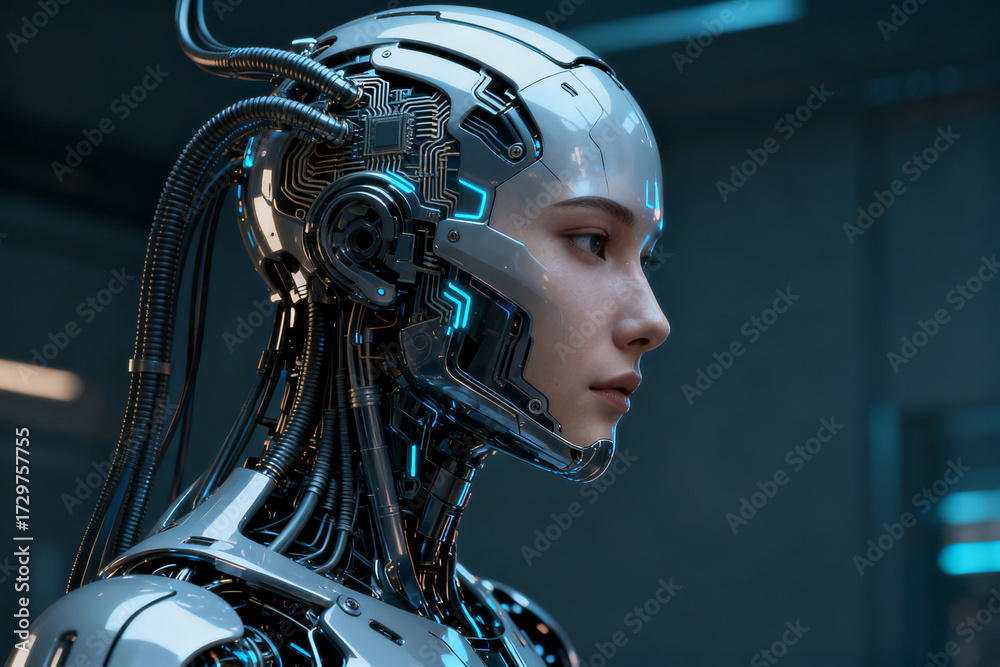 Fototapeta premium Profile view of a humanoid robot with advanced cybernetic features and glowing blue circuitry
