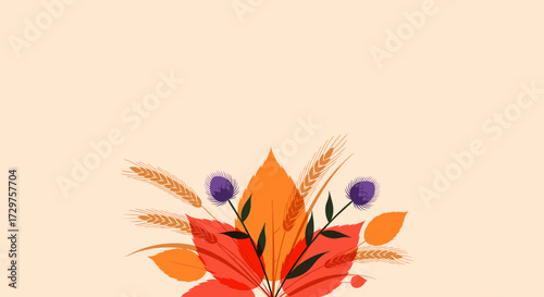 A beautiful arrangement of autumn leaves and purple flowers sits atop a pale peach background.
