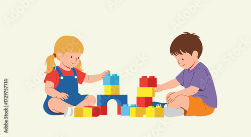 Two young children are sitting on the floor and playing with colorful building blocks creating a tower.