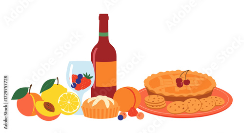 A sweet assortment of fruits baked goods and a bottle of wine. 
