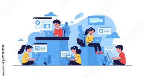 children learning and interacting online using laptops and digital devices for education and communication.