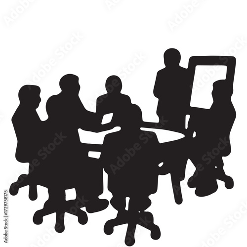 Silhouettes of business people sitting, men and women sit on armchair, office chair with laptop, tablet, as a office meeting.
