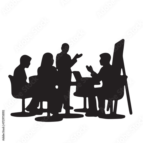 Silhouettes of business people sitting, men and women sit on armchair, office chair with laptop, tablet, as a office meeting.
