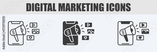 Digital Marketing Icon Set Vector Illustration in Outline, Glyph, and Mixed