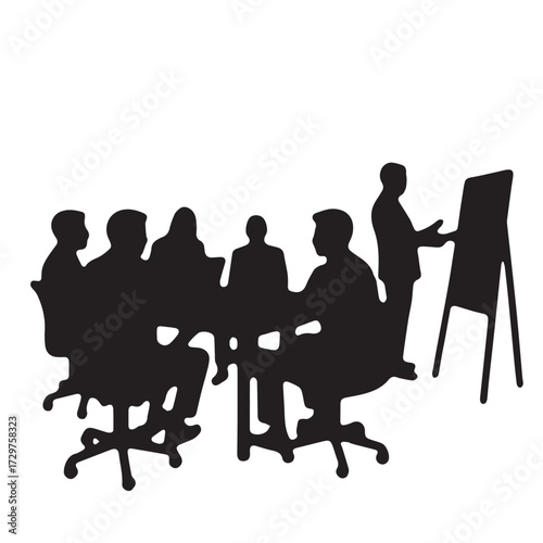 Silhouettes of business people sitting, men and women sit on armchair, office chair with laptop, tablet, as a office meeting.
