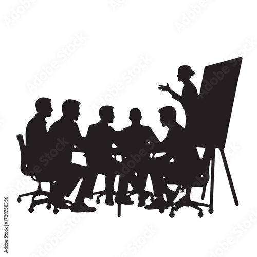 Silhouettes of business people sitting, men and women sit on armchair, office chair with laptop, tablet, as a office meeting.
