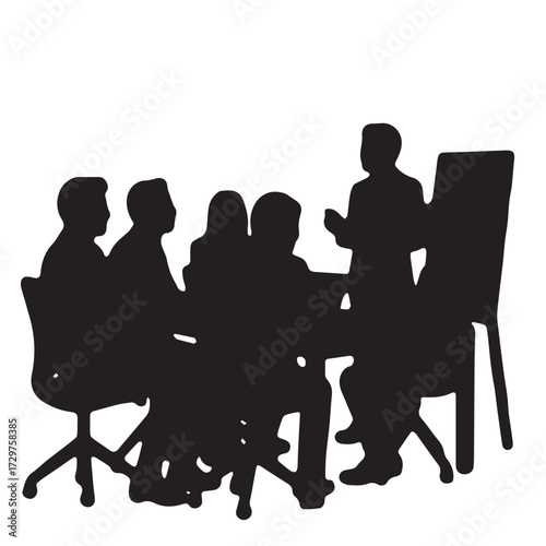 Silhouettes of business people sitting, men and women sit on armchair, office chair with laptop, tablet, as a office meeting.
