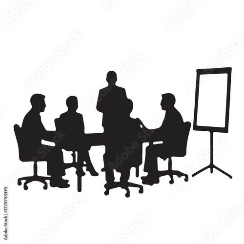 Silhouettes of business people sitting, men and women sit on armchair, office chair with laptop, tablet, as a office meeting.
