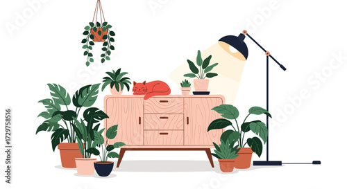 A cozy room filled with lush green potted plants and a napping cat on a dresser.