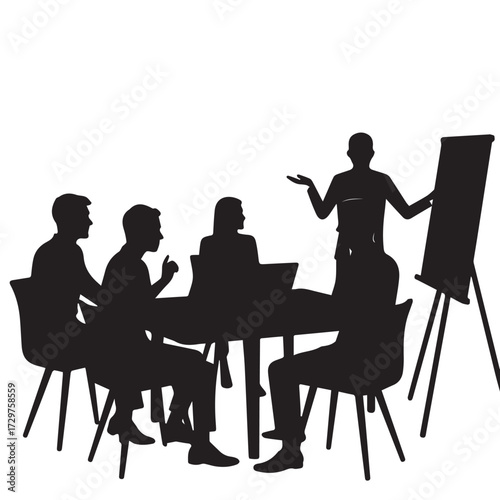 Silhouettes of business people sitting, men and women sit on armchair, office chair with laptop, tablet, as a office meeting.
