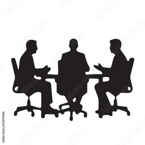 Silhouettes of business people sitting, men and women sit on armchair, office chair with laptop, tablet, as a office meeting.
