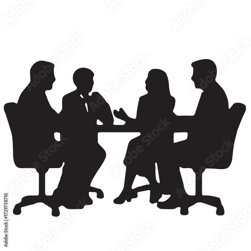 Silhouettes of business people sitting, men and women sit on armchair, office chair with laptop, tablet, as a office meeting.
