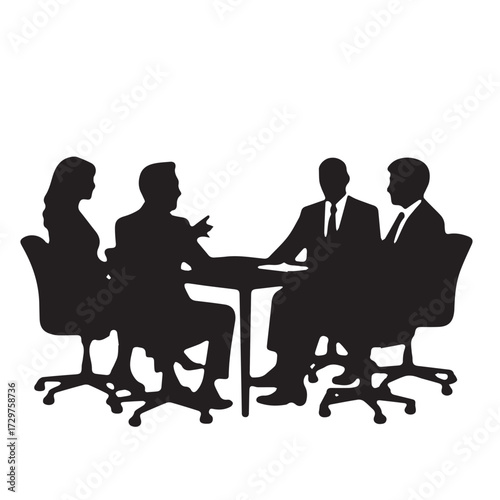 Silhouettes of business people sitting, men and women sit on armchair, office chair with laptop, tablet, as a office meeting.
