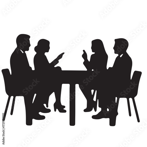 Silhouettes of business people sitting, men and women sit on armchair, office chair with laptop, tablet, as a office meeting.
