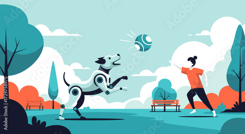 A robotic dog plays fetch with a person in a vibrant park on a sunny day.
