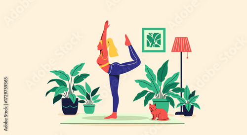 A woman performs a yoga pose in her living room surrounded by plants and a cat.