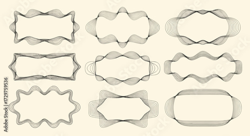 Collection of nine decorative ornamental borders and frames with intricate line art designs on a light beige background.