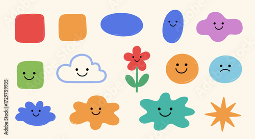 A collection of adorable and simple cartoon shapes and characters expressing various emotions with happy and sad faces perfect for design projects.