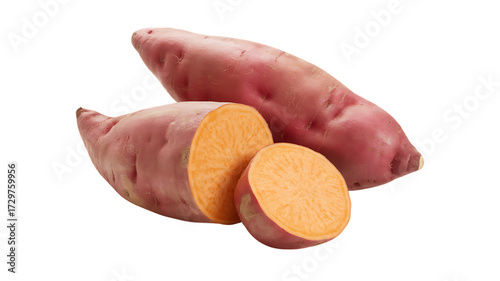 Fresh sweet potatoes one whole and one sliced revealing vibrant orange flesh isolated on transparent background