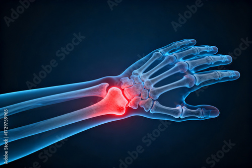 X-ray style illustration of human wrist and hand skeleton with highlighted joint inflammation
