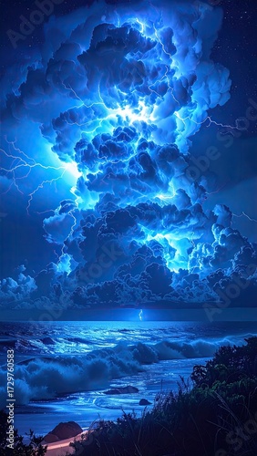Dramatic Coastal Storm With Blue Clouds and Sparkling Waters at Night