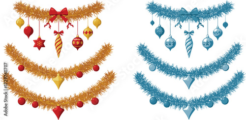 Christmas garland with baubles, festive holiday decoration, Christmas ornaments, golden tinsel garland, New Year decor, seasonal celebration, winter holiday illustration, decoration design
