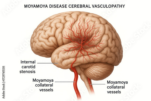 Medical illustration of Moyamoya disease cerebral vasculopathy, showing internal carotid stenosis and collateral vessels in the brain.