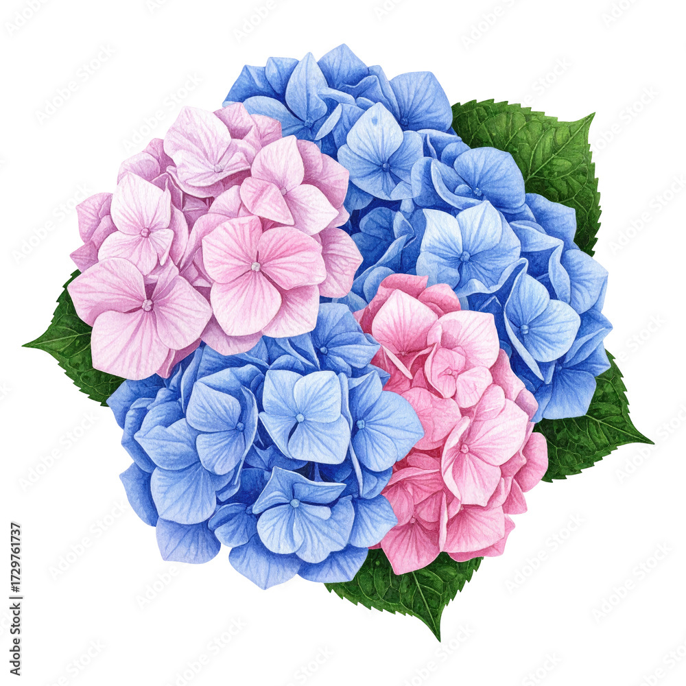 Fototapeta premium Vibrant bouquet of hydrangeas in shades of pink and blue, with lush green leaves. Detailed floral arrangement, close-up view