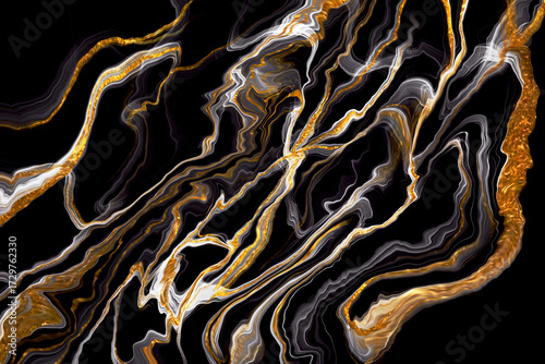 Abstract impressive flowing golden waves on dark tones, forming a luxurious, dynamic fluid textured wall art background.