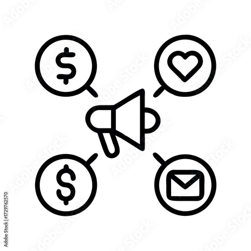 Megaphone spreading messages of money love and email communication