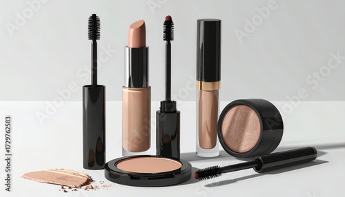 Displaying a selection of makeup products on a white background, including mascara, lipstick, powder, and lip gloss, creates a modern and elegant arrangement, showcasing beauty essentials.