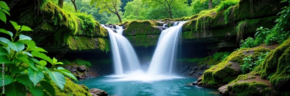 Fototapeta premium Serene waterfall cascades down mossy rocks, lush foliage surrounds , stock photo, ecological, moss