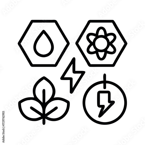 Icons representing renewable energy sources and their connection to nature and power