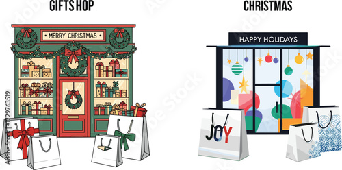 Christmas gift shop illustration, holiday shopping store, festive storefront with presents, Christmas window display, shopping bags, holiday season, celebration artwork