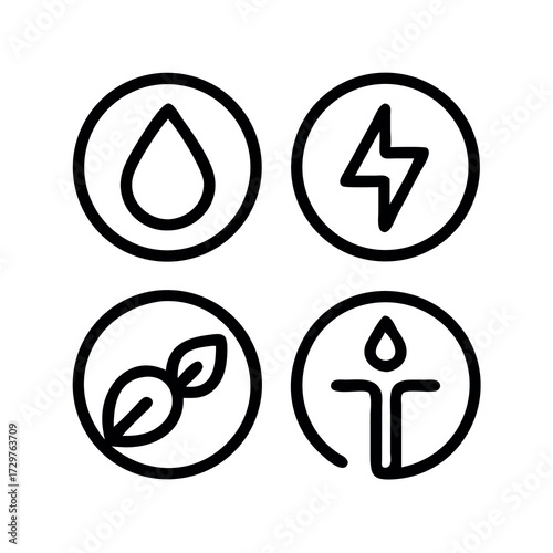 Four circular icons representing water energy nature and fire or light